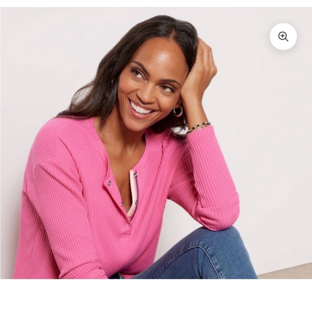Sundry thermal stripe trim snap henley top pullover hot pink size medium